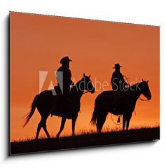 Sklenn obraz 1D - 100 x 70 cm F_E47782535 - Cowboys on Horseback Silhouette at sunset - Cowboys na koni silueta pi zpadu slunce