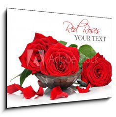 Obraz 1D - 100 x 70 cm F_E48588305 - Red roses and petals in a wooden spa bowl