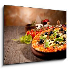Obraz   Delicious fresh pizza served on wooden table, 100 x 70 cm