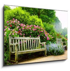 Obraz 1D - 100 x 70 cm F_E54257133 - Art bench and flowers in the morning in an English park