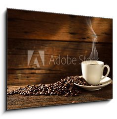 Sklenn obraz 1D - 100 x 70 cm F_E54604060 - Coffee cup and coffee beans on old wooden background