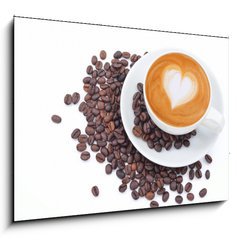 Obraz 1D - 100 x 70 cm F_E54856879 - A cup of cafe latte and coffee beans on white