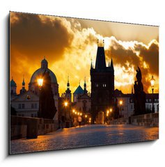 Sklenn obraz 1D - 100 x 70 cm F_E54931767 - sunrise over Prague - look from Charles (Karluv) bridge