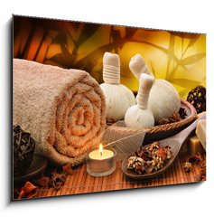 Obraz 1D - 100 x 70 cm F_E55741777 - Massage background with rolled towel, spa balls and candlelight