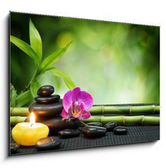 Obraz 1D - 100 x 70 cm F_E55755054 - purple orchid, candle, with stones , bamboo on black mat