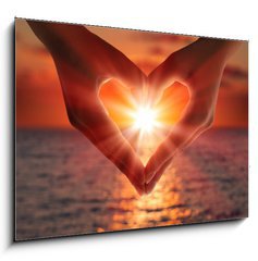 Obraz 1D - 100 x 70 cm F_E56533400 - sunset in heart hands - zpad slunce v rukou srdce