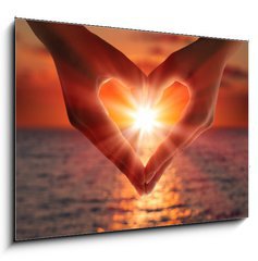 Sklenn obraz 1D - 100 x 70 cm F_E56533400 - sunset in heart hands - zpad slunce v rukou srdce