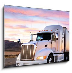 Sklenn obraz 1D - 100 x 70 cm F_E58453165 - Truck and highway at sunset - transportation background