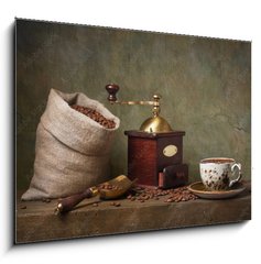 Obraz 1D - 100 x 70 cm F_E61329074 - Still life with cup of coffee and grinder