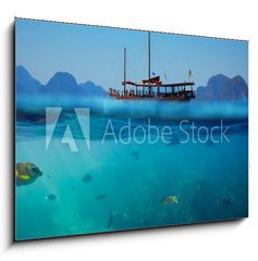 Obraz 1D - 100 x 70 cm F_E61530443 - Tropical underwater shot splitted with ship and sky