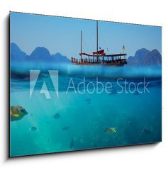 Sklenn obraz 1D - 100 x 70 cm F_E61530443 - Tropical underwater shot splitted with ship and sky - Tropick podvodn vstel rozdlen lod a oblohou