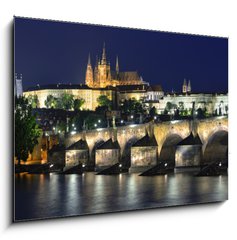 Sklenn obraz 1D - 100 x 70 cm F_E61900085 - Vltava river, Charles Bridge and St. Vitus Cathedral at night - eky Vltavy, Karlova mostu a katedrly sv. Vta v noci