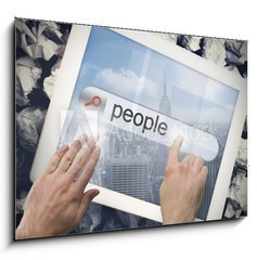 Sklenn obraz 1D - 100 x 70 cm F_E62169179 - Hand touching people on search bar on tablet screen - Ruka se dotk lid na vyhledvacm panelu na obrazovce tabletu