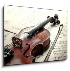 Obraz 1D - 100 x 70 cm F_E63221798 - Old scratched violin with sheet music. Vintage style.