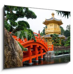 Sklenn obraz 1D - 100 x 70 cm F_E63996525 - The Golden pavilion and red bridge in Nan Lian Garden, Hong Kong - Zlat pavilon a erven most v Nan Lian Garden, Hong Kong