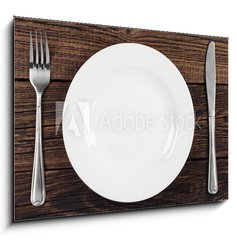 Obraz 1D - 100 x 70 cm F_E64624640 - Empty plate, fork and knife - Przdn tal, vidlika a n