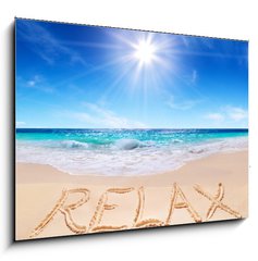 Sklenn obraz 1D - 100 x 70 cm F_E67705269 - word  relax  on the tropical beach - slovo relaxovat na tropick pli