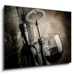 Obraz 1D - 100 x 70 cm F_E67787115 - wine glass bottle and barrel - vno a sklenice na vno