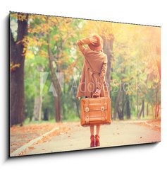 Sklenn obraz 1D - 100 x 70 cm F_E69484488 - Redhead girl with suitcase in the autumn park.