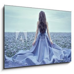 Sklenn obraz 1D - 100 x 70 cm F_E70223866 - Back view of standing young woman in blue dress - Zadn pohled na stojc mlad ena v modrch atech