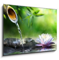 Sklenn obraz 1D - 100 x 70 cm F_E70564979 - zen garden with massage stones and waterlily - zenov zahrady s masnmi kameny a vodnm lilkem
