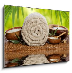 Obraz 1D - 100 x 70 cm F_E70800084 - Spa background with rolled towel, bamboo and candlelight