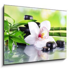 Obraz 1D - 100 x 70 cm F_E71100540 - Spa stones, bamboo branches and white orchid