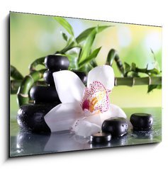 Obraz 1D - 100 x 70 cm F_E71191786 - Spa stones and white orchid on table on natural background