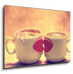 Obraz 1D - 100 x 70 cm F_E71449240 - Two coffee cups with red hearts as a kissing lips - Dva kvov lky s ervenmi srdci jako lbn rty