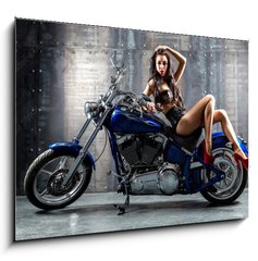 Obraz 1D - 100 x 70 cm F_E72381974 - Young sexy woman sitting on motorcycle.