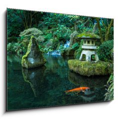 Obraz 1D - 100 x 70 cm F_E72382315 - A Lantern and Waterfall in the Portland Japanese Garden