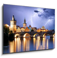 Sklenn obraz 1D - 100 x 70 cm F_E72517073 - Prague bridge at storm - Prask most pi boui