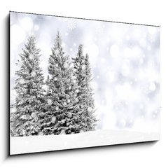 Obraz 1D - 100 x 70 cm F_E73206614 - Snowy trees with twinkling silver background and snowflakes