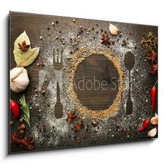 Obraz 1D - 100 x 70 cm F_E73223520 - Spices on table with cutlery silhouette, close-up