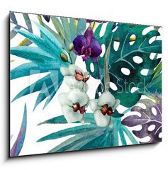 Obraz 1D - 100 x 70 cm F_E74294366 - pattern orchid hibiscus leaves watercolor tropics