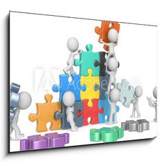 Sklenn obraz 1D - 100 x 70 cm F_E75911933 - The Team.The dude x 9 building colorful puzzle from blueprint.