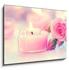 Sklenn obraz 1D - 100 x 70 cm F_E76560272 - Valentine's Day. Pink heart shaped candles and rose flowers - Valentn. Svky ve tvaru rovho srdce a rov kvty