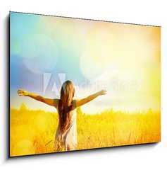 Sklenn obraz 1D - 100 x 70 cm F_E77938326 - Free Happy Woman Enjoying Nature. Beauty Girl Outdoor.