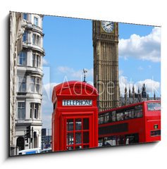 Obraz 1D - 100 x 70 cm F_E78676038 - Telephone box, Big Ben and double decker bus in London