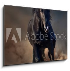Obraz 1D - 100 x 70 cm F_E78859419 - Beautiful black stallion run in desert dust against sunset sky
