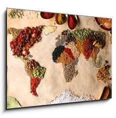 Obraz 1D - 100 x 70 cm F_E79106209 - Map of world made from different kinds of spices, close-up