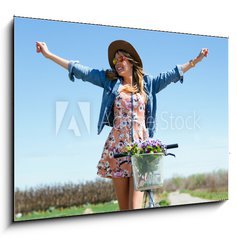 Sklenn obraz 1D - 100 x 70 cm F_E81062127 - Beautiful young woman with a vintage bike in the field. - Krsn mlad ena s vintage kolo v poli.