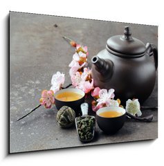 Sklenn obraz 1D - 100 x 70 cm F_E81681055 - tea set (teapot, cups and different green tea) - ajov souprava (ajov konvice, lky a rzn zelen aje)