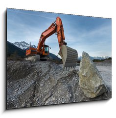 Obraz 1D - 100 x 70 cm F_E81767561 - huge shovel excavator standing on gravel hill with stone rock - obrovsk lopatov rypadlo stojc na trkovm kopci s kamennou sklou