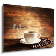 Obraz 1D - 100 x 70 cm F_E81865478 - Cup of coffee with grains on wooden background
