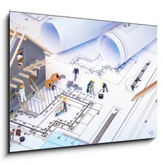Sklenn obraz 1D - 100 x 70 cm F_E81873311 - house under construction on blueprints - building project - dm ve vstavb na plnech