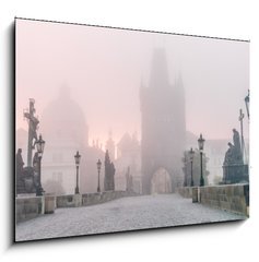 Sklenn obraz 1D - 100 x 70 cm F_E85888464 - Charles Bridge in Prague at foggy morning - Karlv most v Praze na mlhavm rnu