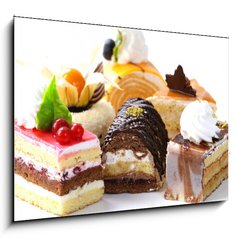 Obraz 1D - 100 x 70 cm F_E96319616 - Assorted different mini cakes with cream, chocolate and berries