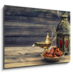 Obraz 1D - 100 x 70 cm F_E97000675 - Ramadan lamp and dates on wooden background. Oriental lantern