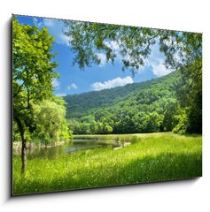 Sklenn obraz 1D - 100 x 70 cm F_E9878015 - summer landscape with river and blue sky - letn krajina s ekou a modrou oblohou